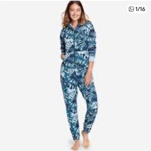 Eddie Bauer Cozy Camp Green & Blue Tropical Print Full-zip Fleece Jumpsuit MTall